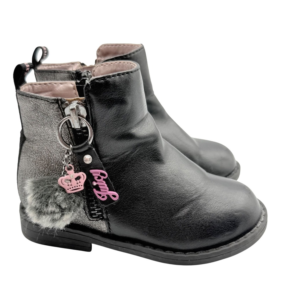 Juicy Couture Black Silver Glitter Zipper Boots‎ with Pom Pom Crown Toddler Sz 6